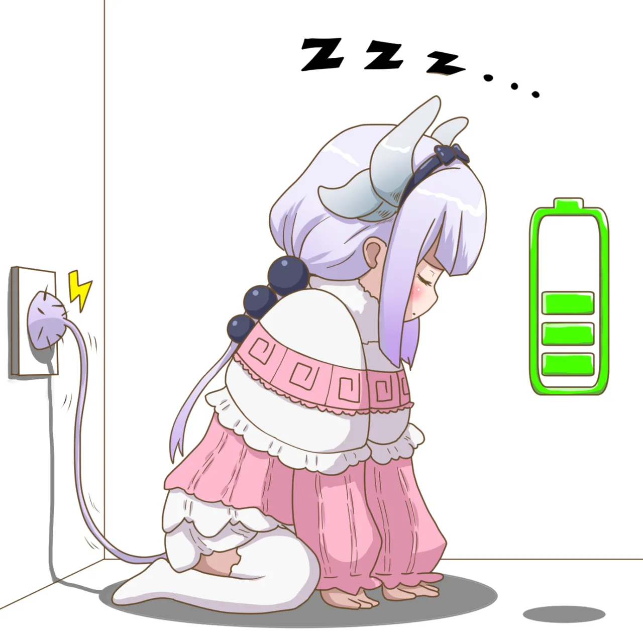 1girl battery_indicator beads closed_eyes corner dragon_horns electric_plug electric_plug_tail electrical_outlet from_side full_body hair_beads hair_ornament horns lightning_bolt_symbol long_hair no_shoes profile purple_hair recharging sitting sleeping sleeping_upright solo tail thighhighs white_thighhighs zzz huyase kobayashi_san_chi_no_maidragon kanna_kamui