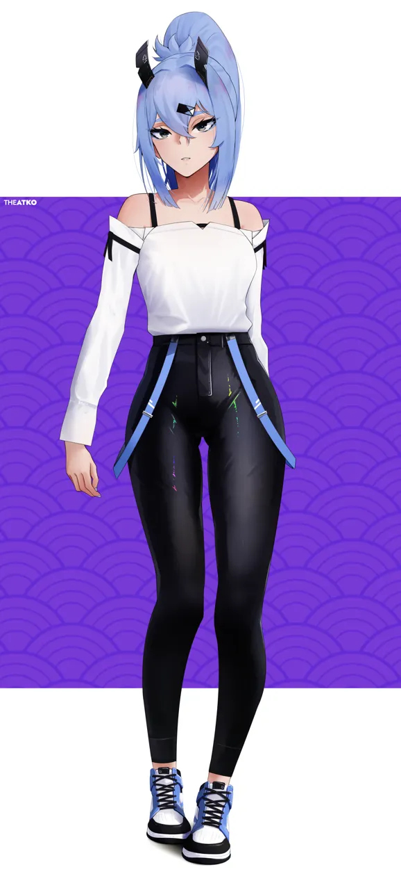 1girl bare_shoulders blue_hair full_body green_eyes hair_between_eyes hair_ornament high_ponytail long_hair long_sleeves looking_at_viewer off_shoulder_shirt off_shoulder pants ponytail shirt shoes sneakers solo standing tight_clothes tight_pants white_shirt the_atko saki__the_atko