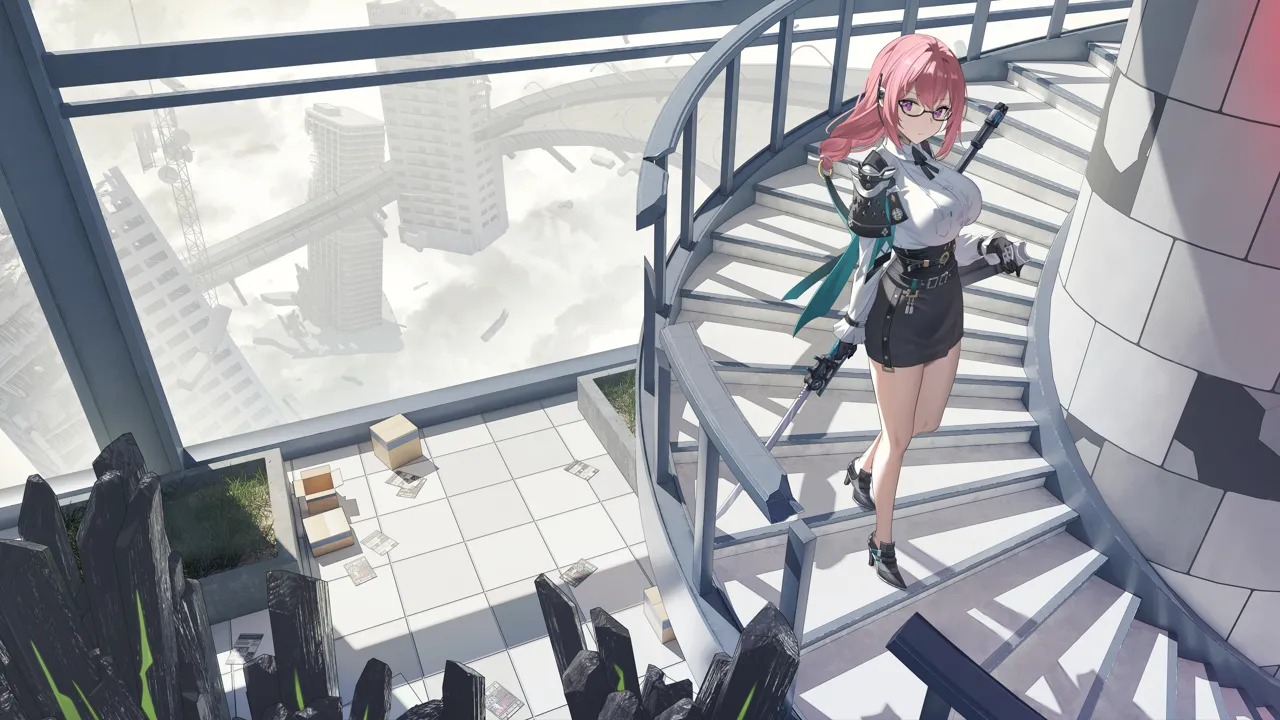 1girl aqua_ribbon armor belt black_framed_eyewear black_belt black_shoes black_skirt box breasts building cardboard_box closed_mouth collared_shirt high_waist_skirt high_heels holding holding_sword holding_weapon huge_breasts knees legs long_hair long_sleeves pencil_skirt pink_eyes pink_hair radio_antenna railing ribbon ring_hair_ornament ruins semi_rimless_eyewear sheath shirt shoes shoulder_armor skirt solo stairs sword thighs tile_floor tiles under_rim_eyewear underbust weapon white_shirt angel_no_shousou zenless_zone_zero tsukishiro_yanagi__zenless_zone_zero