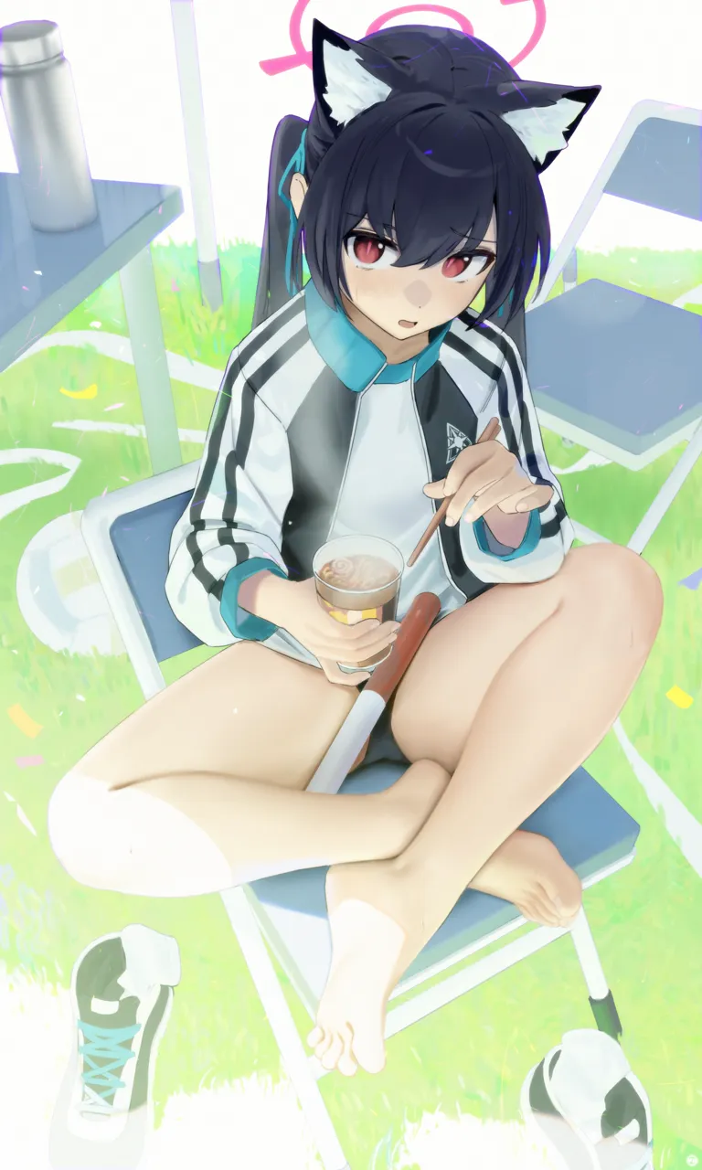 1girl alternate_costume animal_ear_fluff animal_ears ball bare_legs barefoot black_buruma black_jacket black_shoes blue_hair blush bottle buruma cat_ears chair chopsticks confetti crossed_ankles cup_ramen extra_ears feet folding_chair food full_body grass gym_uniform hair_between_eyes hair_ribbon halo holding holding_chopsticks holding_food jacket legs long_hair long_sleeves looking_at_viewer on_chair open_clothes open_jacket open_mouth outdoors pink_halo red_eyes relay_baton ribbon shirt shoes sitting sneakers socks solo striped_clothes striped_jacket table thighs toenails toes track_jacket twintails unworn_shoes unworn_socks volleyball white_jacket white_shirt white_socks songchuan_li blue_archive serika__blue_archive
