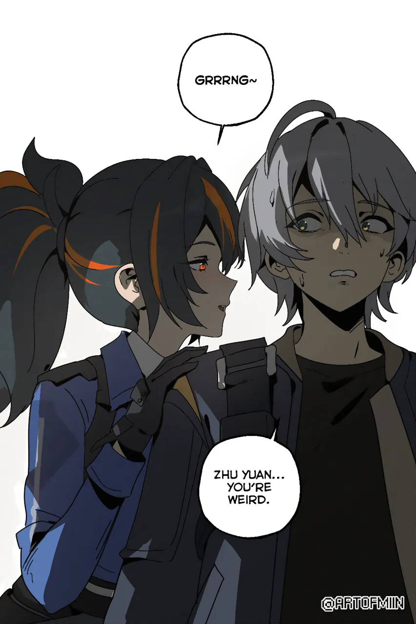 1boy 1girl artist_name black_gloves black_hair blue_jacket comic english_text gloves hair_between_eyes hand_on_another_s_shoulder jacket long_hair meme multicolored_hair pants ponytail purring red_hair seductive_smile smile speech_bubble streaked_hair twitter_username uncomfortable where_s_the_cat__meme whispering whispering_in_ear artofmiin zenless_zone_zero wise__zenless_zone_zero zhu_yuan__zenless_zone_zero