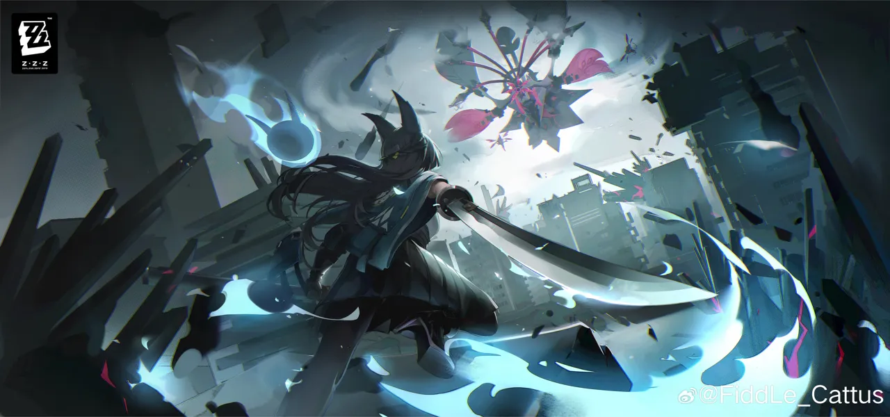 1girl 1other animal_ears artist_name atmospheric_perspective battle black_gloves black_hair black_pantyhose black_skirt blue_fire blue_jacket boots braid building copyright_name ethereal__zenless_zone_zero fighting fire flaming_sword flaming_weapon foot_out_of_frame fox_ears fox_girl from_behind gloves grey_sky half_up_braid high_waist_skirt high_heel_boots high_heels holding holding_sheath holding_sword holding_weapon jacket katana logo long_hair long_skirt pantyhose running sheath shirt single_wide_sleeve skirt sky sword unsheathed vortex watermark weapon weibo_watermark white_shirt fiddle_cattus zenless_zone_zero hoshimi_miyabi__zenless_zone_zero nineveh__zenless_zone_zero tailless__zenless_zone_zero