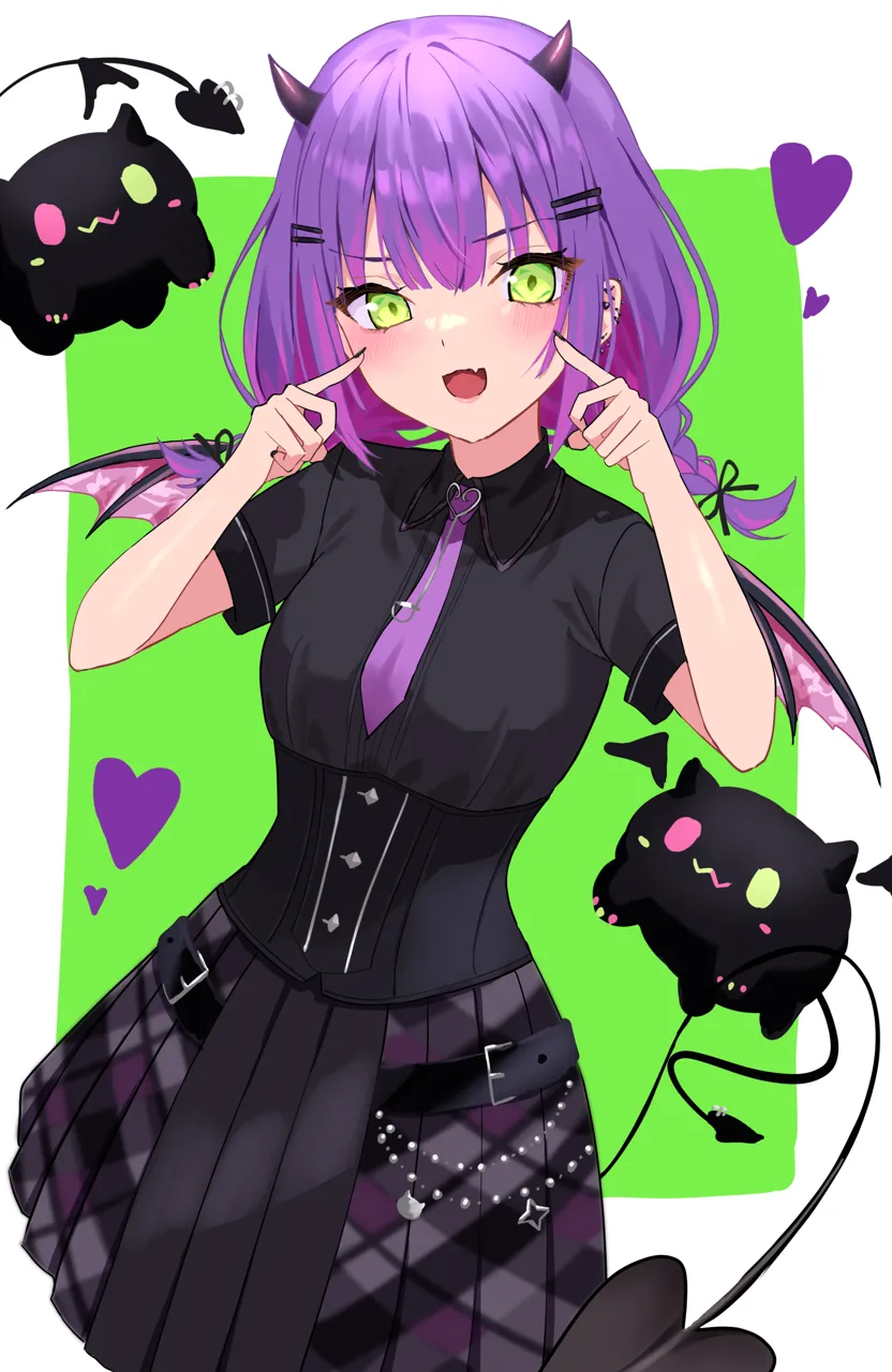 1girl black_shirt black_skirt collared_shirt colored_inner_hair cowboy_shot creature demon_horns demon_tail demon_wings ear_piercing fang green_eyes hair_ornament hairclip heart horns long_hair looking_at_viewer low_twintails mini_wings multicolored_hair nail_polish necktie official_alternate_costume open_mouth piercing pleated_skirt purple_hair shirt short_sleeves skirt smile solo tail twintails underbust virtual_youtuber wings uuroncha hololive bibi__tokoyami_towa__hololive tokoyami_towa__hololive tokoyami_towa__school_uniform__hololive