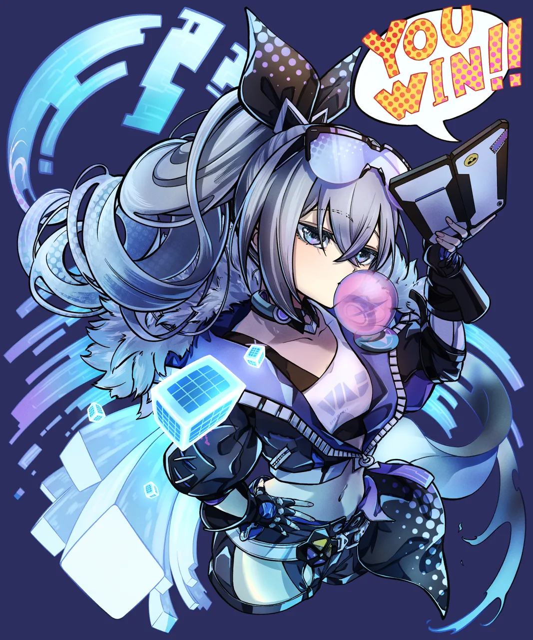 1girl black_gloves blowing_bubbles blue_background blue_eyes bow chewing_gum cropped_jacket cropped_legs cube english_text fingerless_gloves floating_hair from_above gloves goggles goggles_on_head grey_hair hair_between_eyes hair_bow hand_on_own_hip hand_up holding holding_tablet_pc jacket long_hair looking_at_viewer looking_up messy_hair midriff nail_polish navel neon_palette open_clothes open_jacket partially_unzipped pink_nails ponytail purple_background raised_eyebrows smug solo tablet_pc very_long_hair taiju__gr09kuma honkai__star_rail honkai__series silver_wolf__honkai__star_rail