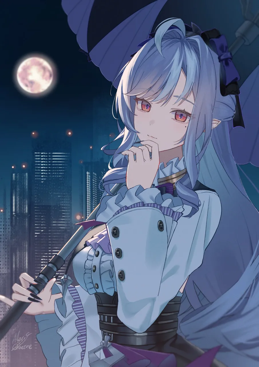 1girl ahoge artist_name breasts building cityscape dress full_moon holding holding_umbrella long_hair looking_at_viewer medium_breasts mole mole_under_eye moon night night_sky pointy_ears purple_hair red_eyes sky skyscraper solo umbrella white_dress maria_onnette zenless_zone_zero vivian__zenless_zone_zero