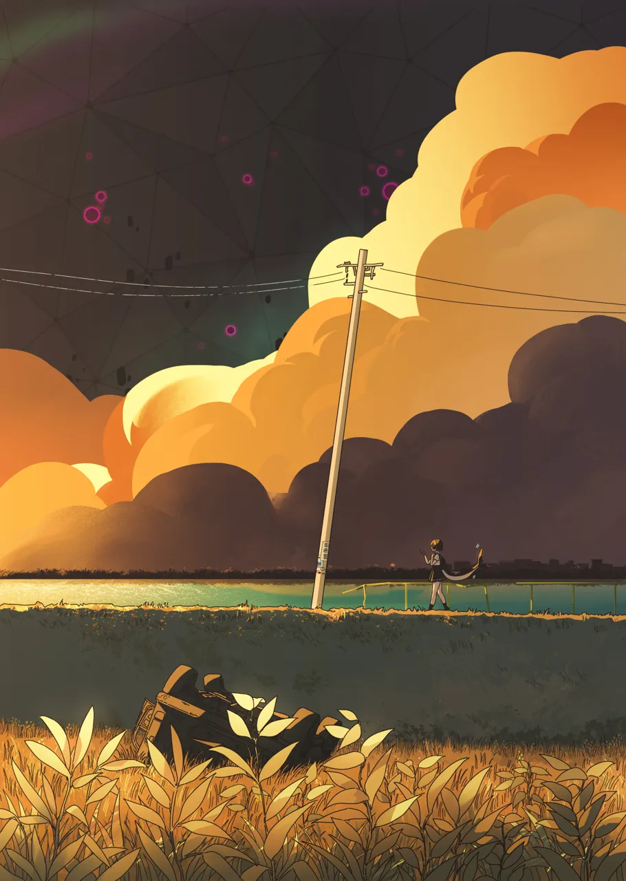 1girl black_hair car fins fish_tail grasslands motor_vehicle orange_clouds power_lines scenery shark_girl shark_tail solo tail utility_pole warm_colored midfinger zenless_zone_zero ellen_joe__zenless_zone_zero ellen_joe__on_campus__zenless_zone_zero