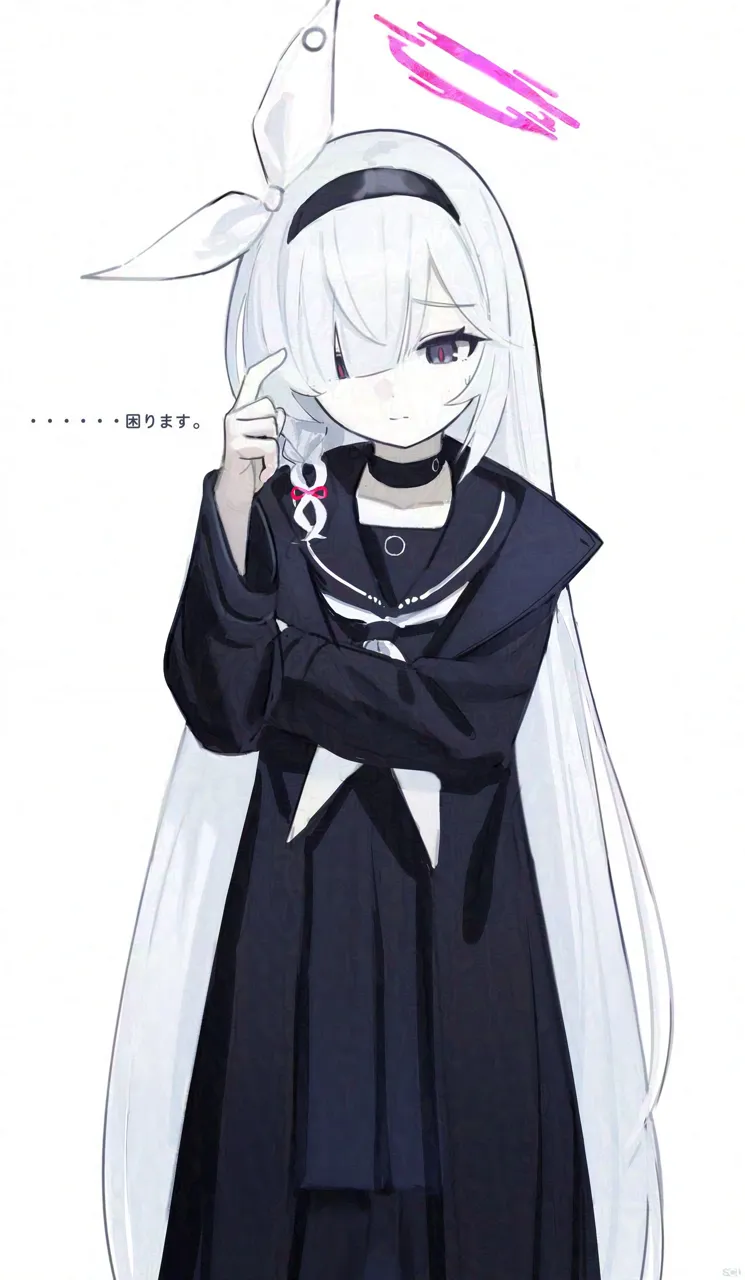 1girl asymmetrical_hair asymmetrical_sidelocks black_choker black_jacket black_shirt black_skirt black_thighhighs blunt_bangs bow braid braided_sidelock choker finger_to_head grey_eyes hair_bow halo headband jacket light_frown long_hair looking_down neckerchief parted_bangs red_pupils school_uniform shirt sidelocks skirt solo standing sweatdrop thighhighs very_long_hair white_background white_bow white_hair white_neckerchief songchuan_li blue_archive plana__blue_archive