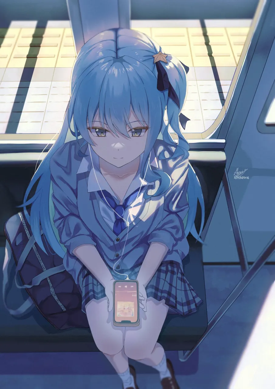 1girl alternate_costume artist_name bag blue_hair blue_necktie brown_shoes cardigan cellphone closed_mouth earphones from_above grey_cardigan holding holding_phone listening_to_music long_hair miniskirt necktie phone plaid_clothes plaid_skirt school_bag school_uniform shirt shoes signature sitting skirt smartphone socks solo star__symbol star_in_eye symbol_in_eye three_quarter_sleeves virtual_youtuber white_shirt white_socks maria_onnette hololive hoshimachi_suisei__hololive minato_aqua__hololive