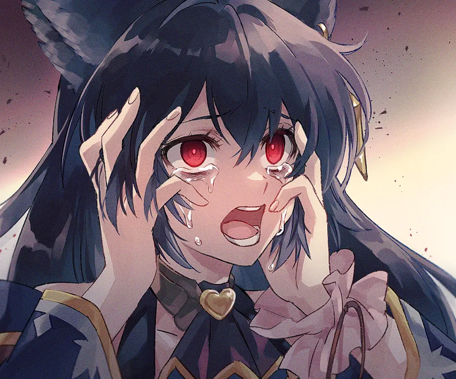 1girl animal_ears ascot bags_under_eyes black_ascot black_hair crying crying_with_eyes_open erune hair_between_eyes hands_in_hair hands_on_own_head long_hair looking_ahead open_mouth portrait red_eyes tears taki__nakochan granblue_fantasy nier__granblue_fantasy