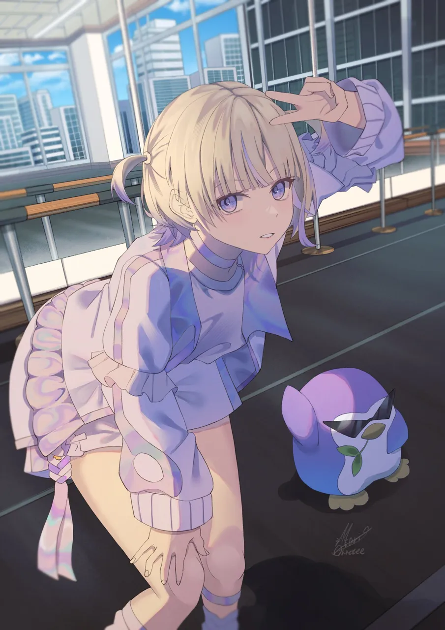 1girl blonde_hair choker hand_on_own_knee jacket leaning_forward purple_eyes shirt shorts signature twintails two_side_up virtual_youtuber maria_onnette hololive hololive_dev_is banpen__todoroki_hajime__hololive todoroki_hajime__hololive todoroki_hajime__1st_costume__hololive