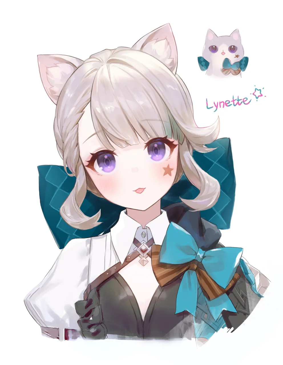 1girl animal_ear_fluff animal_ears aqua_bow aqua_hair black_capelet black_leotard blunt_bangs blush bow braid braided_bangs brown_bow capelet cat cat_ears character_name closed_mouth eyelashes facial_mark frilled_leotard frills gradient_hair grey_hair leotard looking_at_viewer multicolored_hair parted_bangs puffy_sleeves purple_eyes shrug__clothing sidelocks simple_background single_braid smile solo star__symbol star_facial_mark tongue tongue_out upper_body white_background wing_collar adelie_cat genshin_impact lynette__genshin_impact