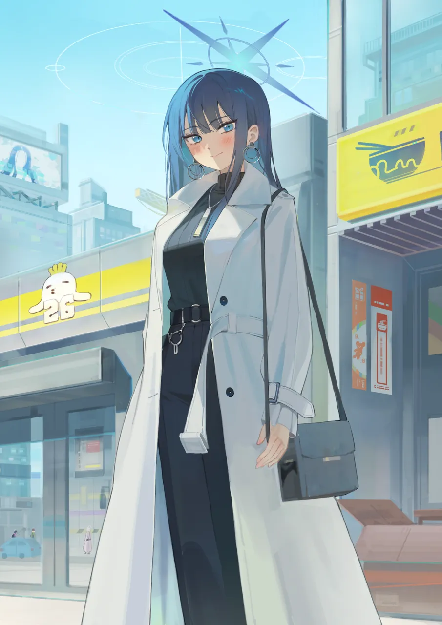 1girl alternate_costume bag belt black_belt black_pants black_sweater blue_eyes blue_hair blue_halo blue_sky blush breasts closed_mouth coat colored_inner_hair day door earrings halo handbag hoop_earrings jewelry large_breasts long_hair looking_at_viewer multicolored_hair necklace no_mask outdoors pants ribbed_sweater screen sky smile storefront sweater turtleneck turtleneck_sweater white_coat window niji__rudduf232 blue_archive saori__blue_archive