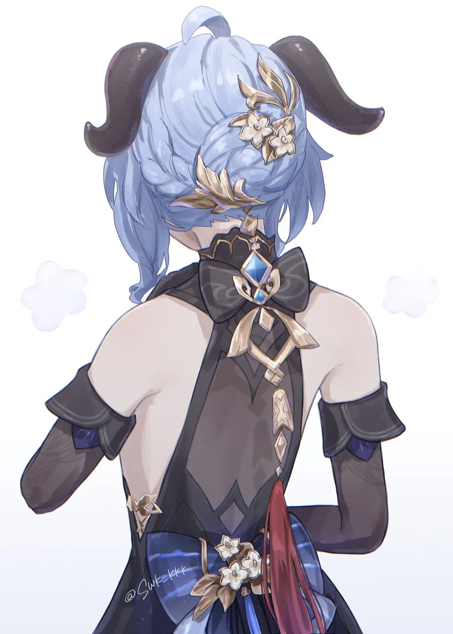1girl ahoge back_bow bare_shoulders blue_hair bow china_dress chinese_clothes detached_sleeves dress flower from_behind goat_horns hair_flower hair_ornament horns long_sleeves official_alternate_costume official_alternate_hairstyle simple_background solo twitter_username upper_body white_background suwa__swk_kkk genshin_impact ganyu__genshin_impact ganyu__twilight_blossom__genshin_impact