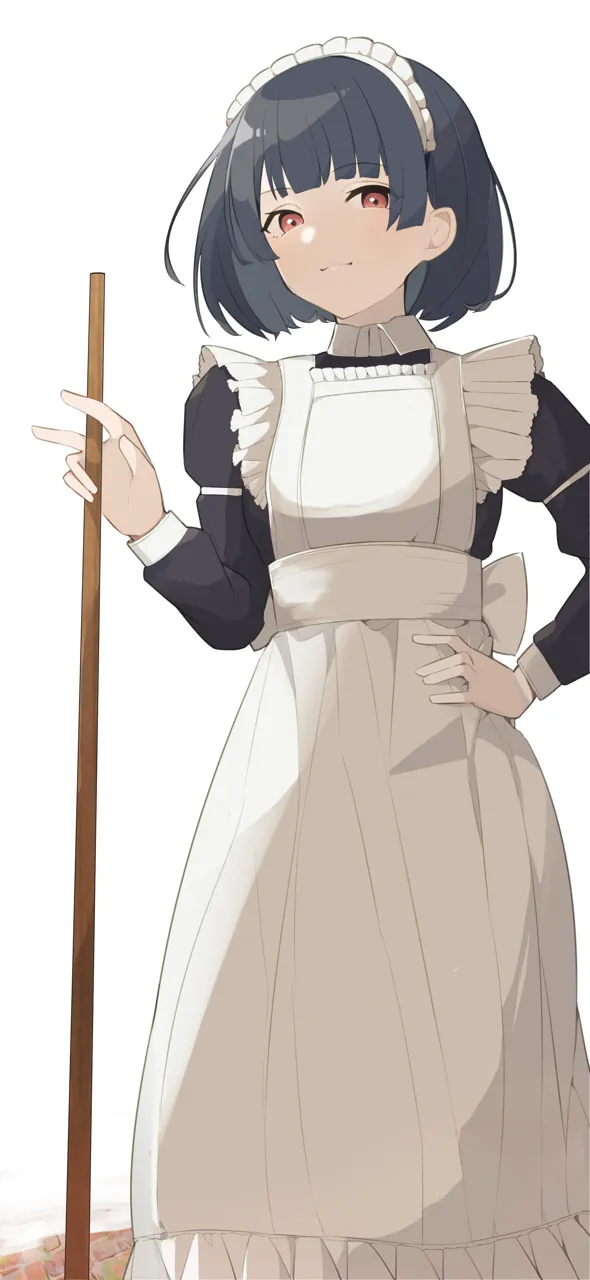 1girl alternate_hairstyle apron blue_hair blunt_bangs broom frilled_apron frills hand_on_own_hip juliet_sleeves light_smile long_sleeves looking_at_viewer maid maid_apron maid_headdress puffy_sleeves red_eyes short_hair sidelocks solo hijo__nakare2845 idolmaster idolmaster_shiny_colors mayuzumi_fuyuko__idolmaster