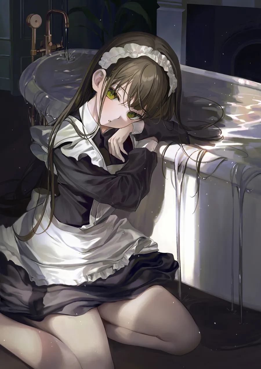 1girl apron bathtub black_dress black_hair dress faucet frilled_apron frills green_eyes hair_spread_out long_hair long_sleeves looking_at_viewer maid maid_headdress mole mole_under_eye overflowing overflowing_bath pantyhose parted_lips sitting solo water white_apron white_pantyhose yokozuwari myoushun