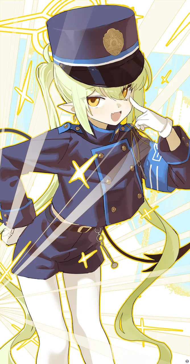 1girl armband black_hat black_shirt black_shorts black_tail blue_armband demon_girl demon_tail eyelid_pull feet_out_of_frame gloves green_hair halo hand_on_own_hip hat leaning_forward long_hair long_sleeves looking_at_viewer mesugaki midriff_peek open_mouth pantyhose peaked_cap pointy_ears shirt short_shorts shorts smile solo sparkle sparkling_aura standing tail twintails white_gloves white_pantyhose yellow_eyes yellow_halo songchuan_li blue_archive nozomi__blue_archive