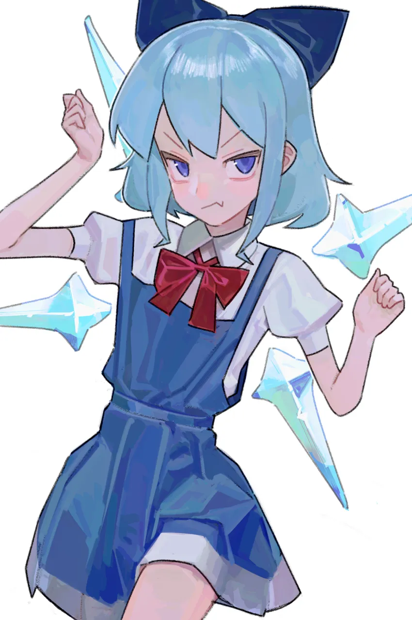 1girl blue_eyes blue_overalls blue_ribbon bow closed_mouth cowboy_shot fang hair_bow hair_ribbon hand_up neck_ribbon overalls red_ribbon ribbon shirt short_hair short_sleeves simple_background skin_fang solo white_background white_shirt saaal653 touhou cirno__touhou
