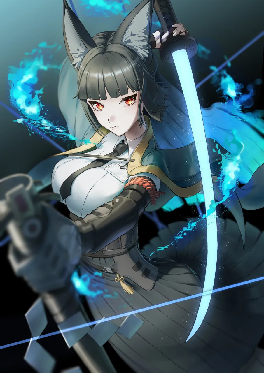 1girl animal_ear_fluff animal_ears black_gloves black_hair black_necktie black_skirt blunt_bangs breasts cowboy_shot dress_shirt expressionless fingerless_gloves fox_ears fox_girl gloves green_jacket high_waist_skirt holding holding_sword holding_weapon jacket large_breasts long_hair necktie red_eyes shirt sidelocks single_fingerless_glove skirt solo sword weapon white_shirt fuli__narumiyafuri zenless_zone_zero hoshimi_miyabi__zenless_zone_zero