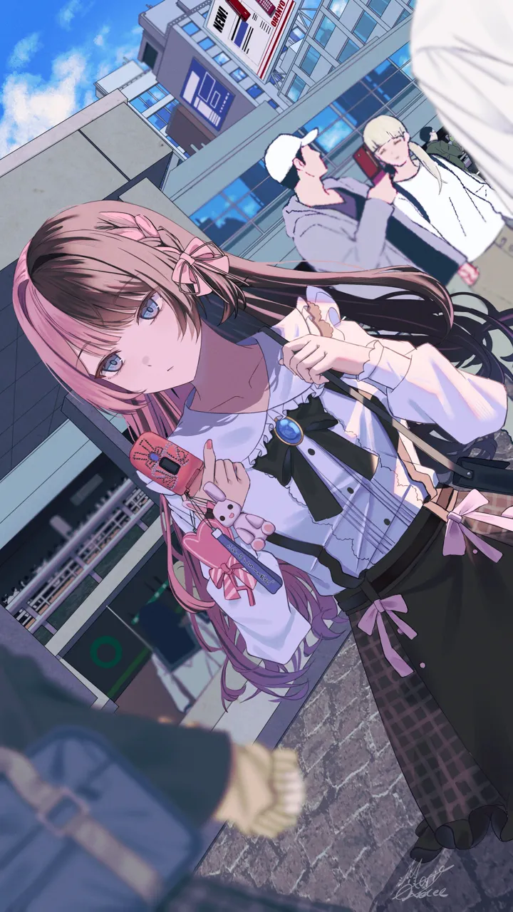 1boy 2girls amulet bag billboard blue_eyes brown_hair building cellphone flip_phone heart holding holding_phone long_hair multicolored_hair multiple_girls nail_polish phone pink_hair rabbit_charm ribbon shoulder_bag skirt two_tone_hair virtual_youtuber maria_onnette vspo tachibana_hinano__vspo tachibana_hinano__1st_costume__vspo