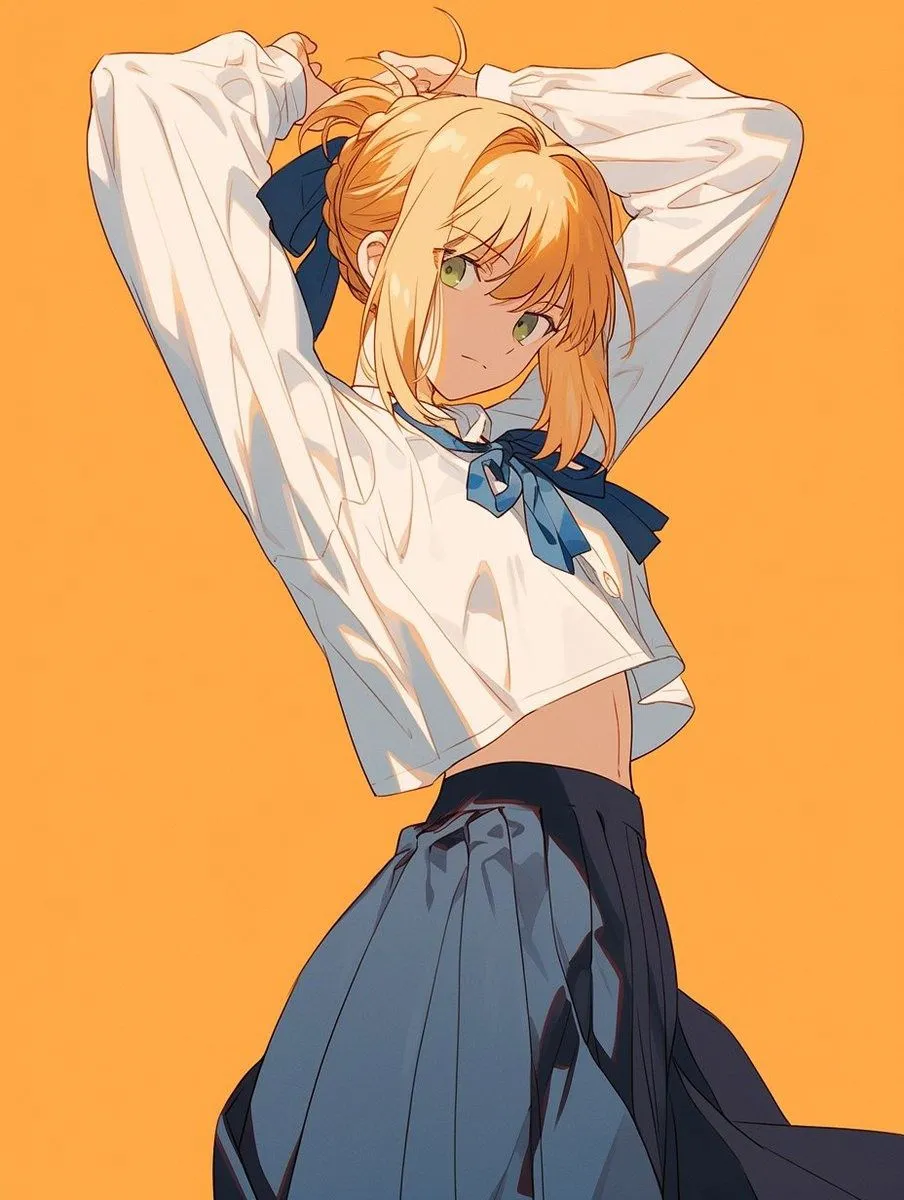 1girl ahoge arms_up bangs blonde_hair blue_ribbon blue_skirt braid closed_mouth evening eyebrows_visible_through_hair gradient gradient_background green_eyes long_skirt long_sleeves looking_at_viewer orange_background orange_sky pleated_skirt ribbon saber school_uniform serafuku shirt simple_background skirt solo sunset twilight white_shirt yellow_background yellow_sky fate artoria_pendragon__fate