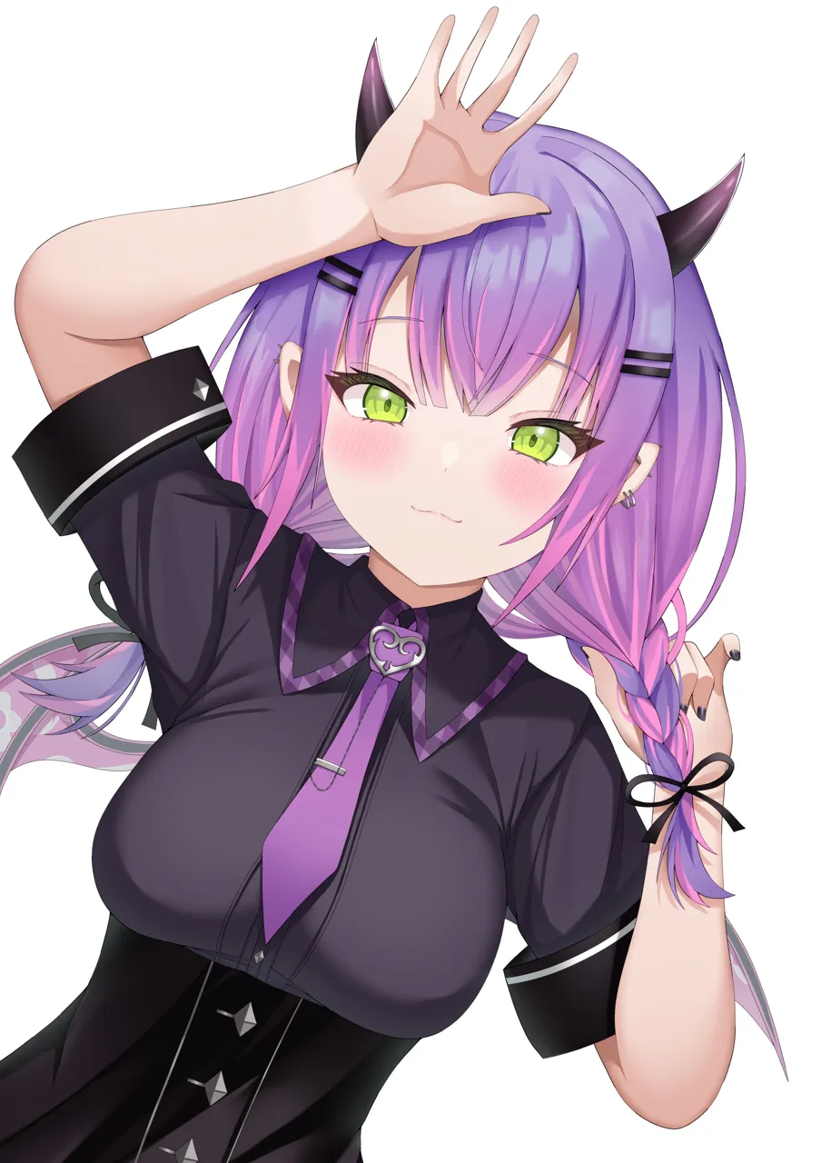 1girl black_nails black_shirt blush braid breasts corset demon_girl demon_wings dress_shirt ear_piercing french_braid gradient_hair green_eyes hair_between_eyes hair_ornament hairclip long_hair looking_at_viewer lying medium_breasts mini_wings multicolored_hair necktie on_back piercing pink_hair pointy_ears purple_hair purple_necktie shirt short_sleeves simple_background smile solo streaked_hair twin_braids virtual_youtuber white_background wings koba__kobako42 hololive tokoyami_towa__hololive tokoyami_towa__school_uniform__hololive