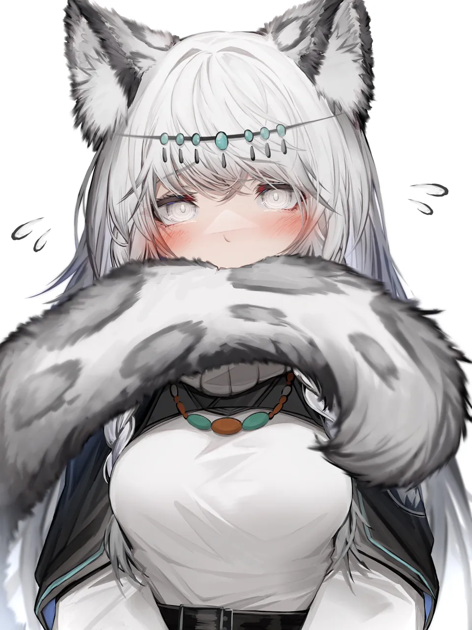 1girl animal_ears biting biting_own_tail blush breasts covering_own_mouth embarrassed feral_instincts leopard_ears leopard_girl leopard_tail looking_at_viewer medium_breasts simple_background solo tail white_background white_eyes white_hair tab_head arknights pramanix__arknights