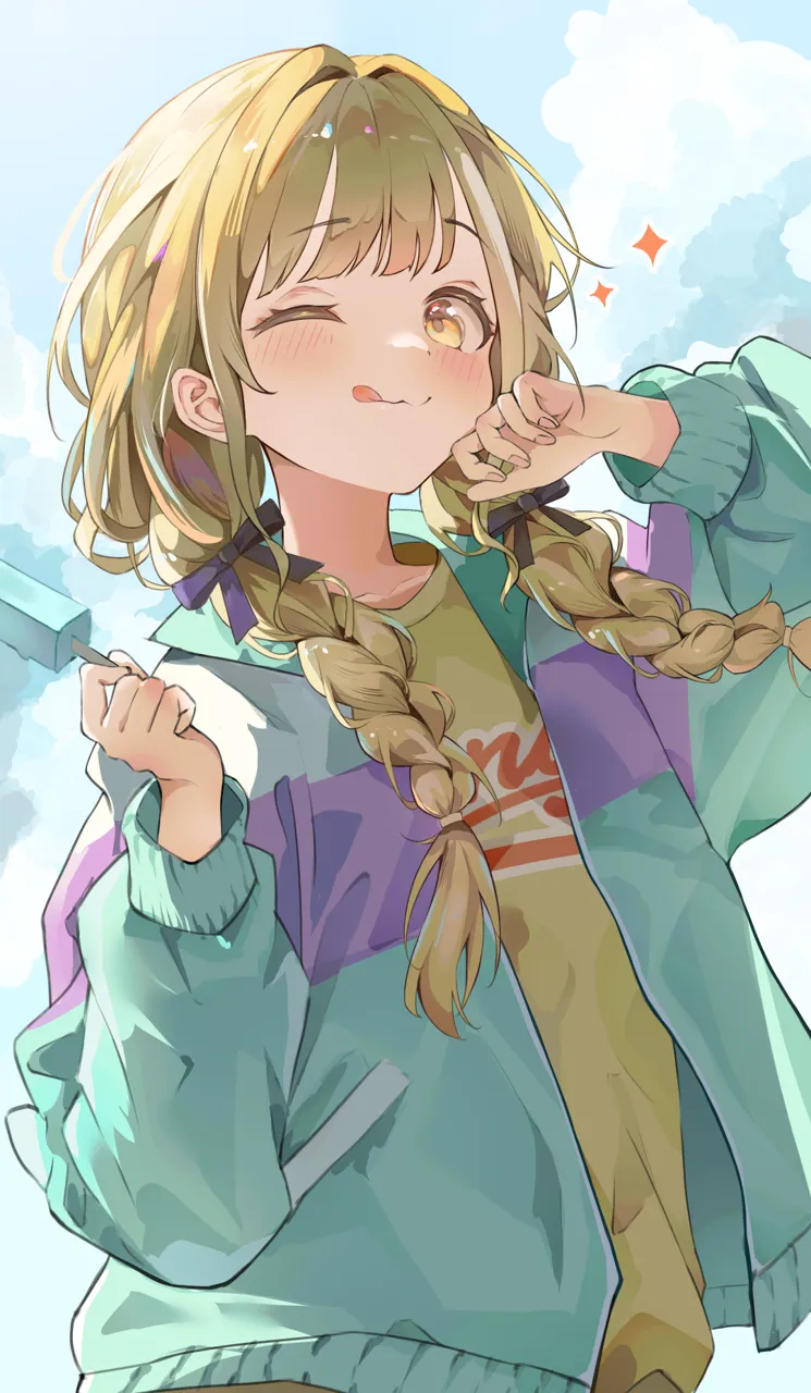 1girl blonde_hair blush braid food hair_ribbon holding holding_food holding_popsicle jacket multicolored_jacket one_eye_closed popsicle ribbon shirt smile solo tongue tongue_out twin_braids upper_body yellow_eyes yellow_shirt umou__umouawa gakuen_idolmaster idolmaster fujita_kotone__idolmaster