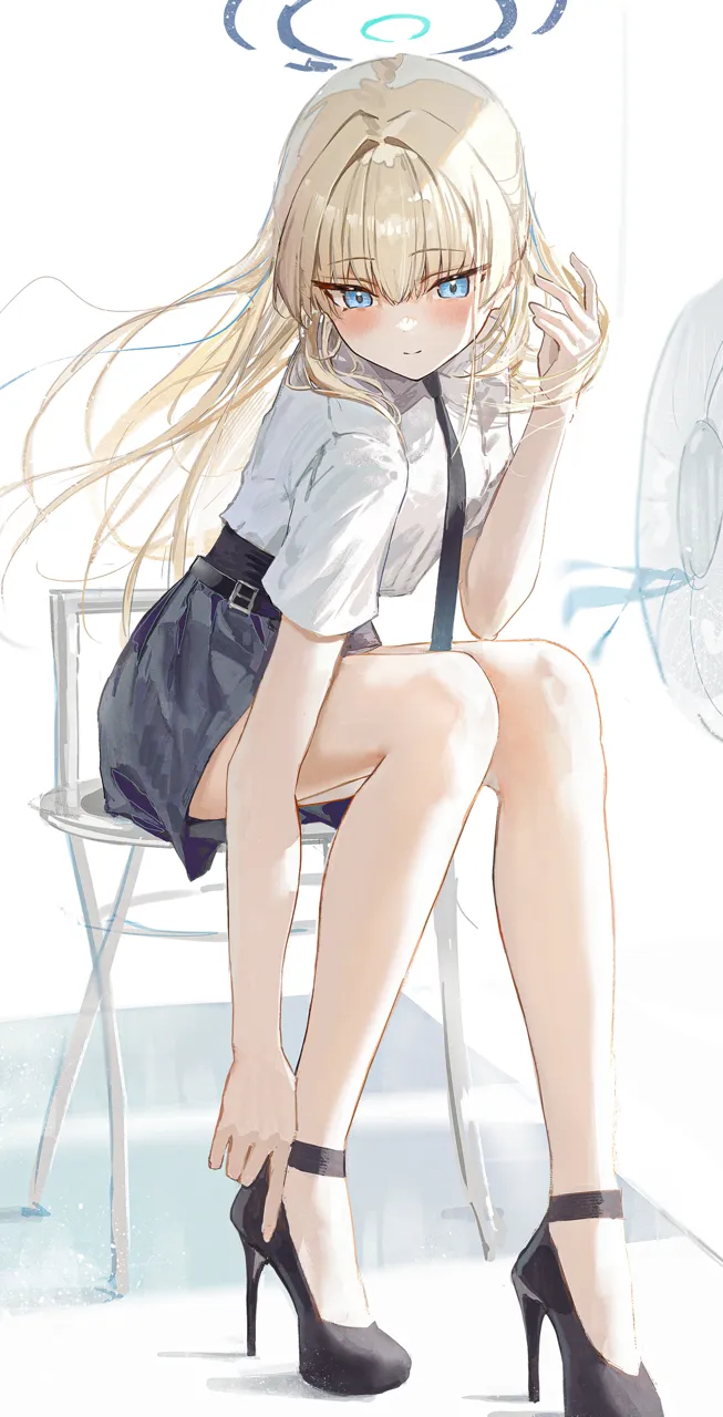 1girl adjusting_footwear alternate_costume belt black_belt black_necktie black_shoes blonde_hair blue_eyes blue_skirt blush full_body halo high_heels long_hair looking_at_viewer necktie shirt shoes simple_background sitting skirt solo white_background white_shirt hidulume blue_archive toki__blue_archive