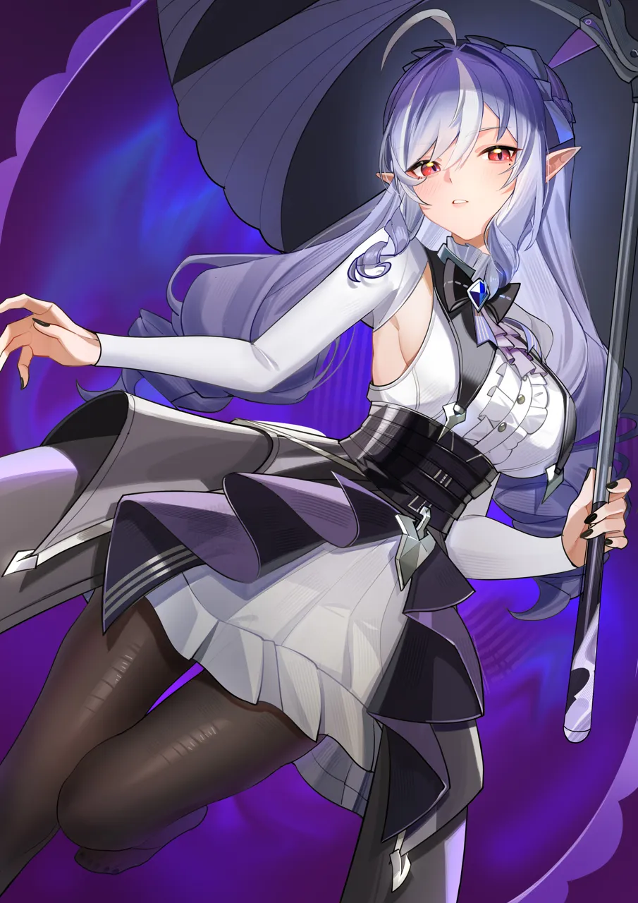 1girl ahoge ascot black_bow black_bowtie black_nails black_pantyhose black_skirt black_umbrella bow bowtie center_frills dress fingernails frills holding holding_umbrella long_hair long_sleeves looking_at_viewer multicolored_hair nail_polish no_shoes overskirt pantyhose parted_lips pointy_ears purple_ascot purple_hair red_eyes shrug__clothing sidelocks skirt solo streaked_hair umbrella underbust white_dress white_shrug yueyueyue_yao zenless_zone_zero vivian__zenless_zone_zero