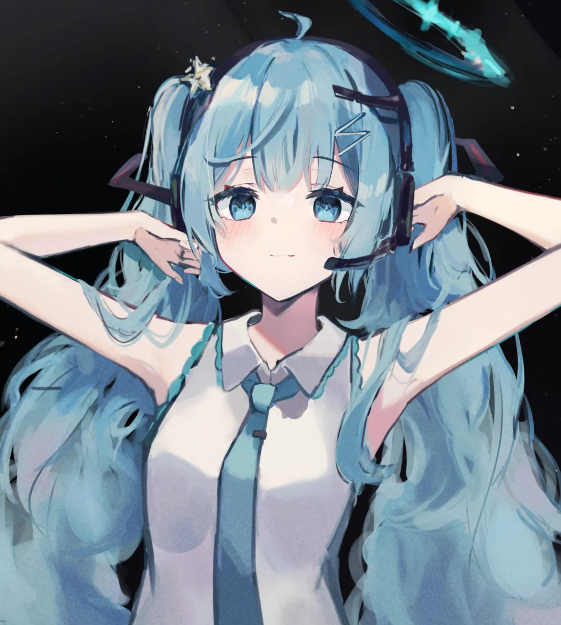 1girl ahoge armpits bare_arms bare_shoulders blue_eyes blue_hair blue_necktie blush breasts closed_mouth collared_shirt hair_ornament hairclip halo hands_up headphones headset long_hair looking_at_viewer necktie shirt sleeveless sleeveless_shirt small_breasts smile solo twintails upper_body vocaloid very_long_hair white_shirt kokao358 hatsune_miku