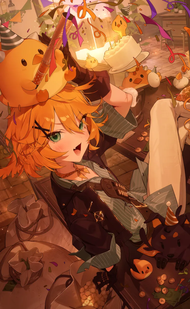 1girl aqua_shirt birthday birthday_cake black_gloves black_jacket blonde_hair cake coin confetti door fang food gloves hair_ornament hairclip indoors jacket looking_at_viewer open_clothes open_jacket open_mouth pants shirt short_hair sitting smile indie_virtual_youtuber virtual_youtuber white_pants monoco55 doki_amber_doge__dokibird dokibird__vtuber dokibird__vtuber__bounty_hunter dragoon__dokibird