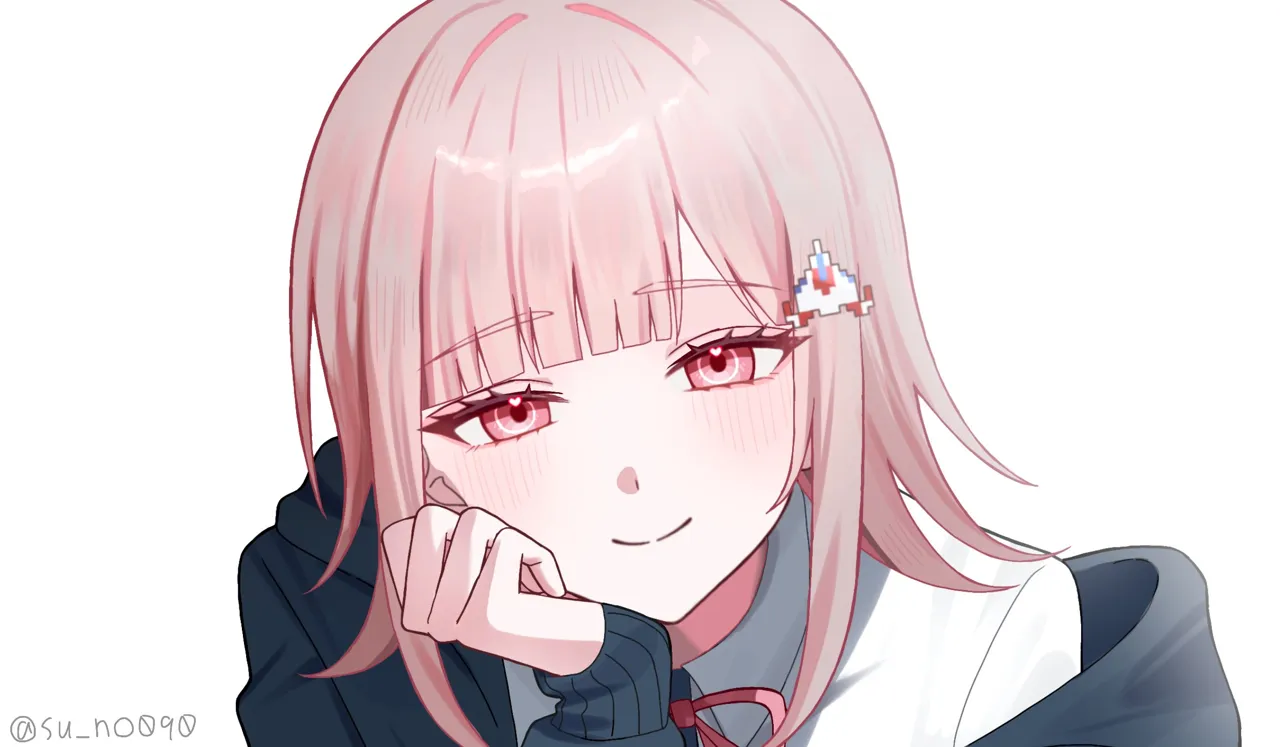 1girl artist_name blush brown_hair closed_mouth collared_shirt flipped_hair hair_ornament heart jacket long_sleeves medium_hair neck_ribbon open_clothes open_jacket pink_eyes ribbon semli shirt simple_background smile solo spaceship_hair_ornament split_mouth white_background white_shirt su_no__su_no090 danganronpa__series danganronpa_2__goodbye_despair nanami_chiaki__danganronpa