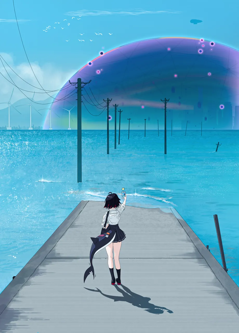 1girl black_hair black_shoes black_skirt black_socks blue_sky cellphone fins fish_tail hollow__zenless_zone_zero ocean outdoors phone power_lines road scenery shark_girl shark_tail shirt shoes short_hair skirt sky smartphone socks solo tail taking_picture utility_pole white_shirt wind_turbine midfinger zenless_zone_zero ellen_joe__zenless_zone_zero ellen_joe__on_campus__zenless_zone_zero