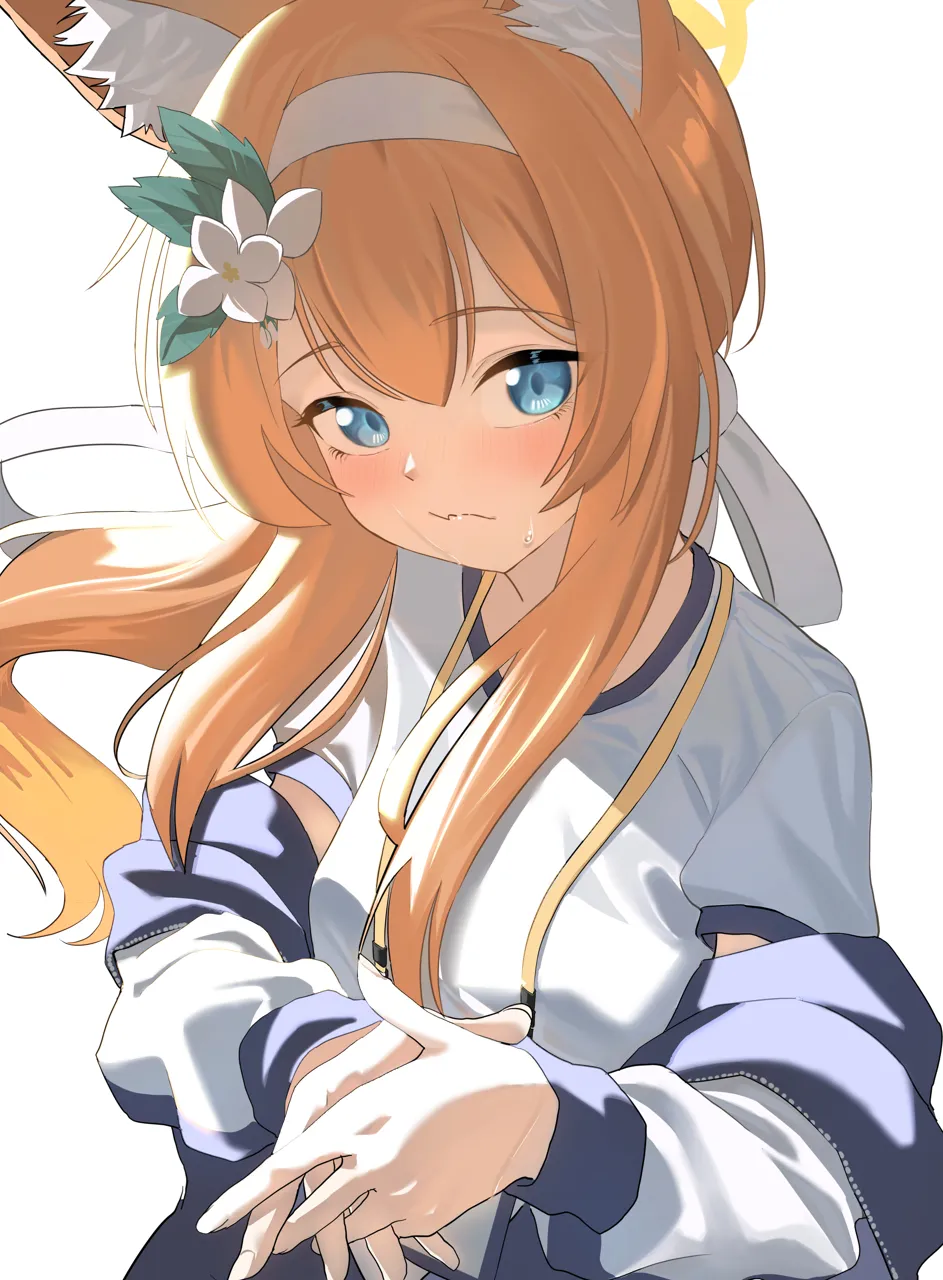1girl animal_ear_fluff animal_ears blue_eyes blush cat_ears cat_girl flower gym_uniform hair_ornament hairband halo jacket long_hair looking_at_viewer official_alternate_costume orange_hair shirt simple_background solo white_background white_hairband white_shirt yellow_halo haoma blue_archive mari__blue_archive mari__track__blue_archive