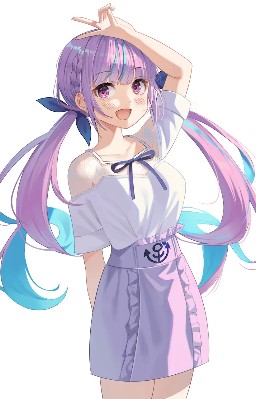 1girl alternate_costume arm_up blue_hair braid casual colored_inner_hair cowboy_shot frills hair_ribbon high_waist_skirt long_hair looking_at_viewer multicolored_hair off_shoulder open_mouth purple_eyes purple_hair purple_skirt ribbon see_through_clothes shirt short_sleeves sidelocks simple_background skirt smile solo standing streaked_hair twintails two_tone_hair very_long_hair virtual_youtuber white_background white_shirt niji__rudduf232 hololive minato_aqua__hololive