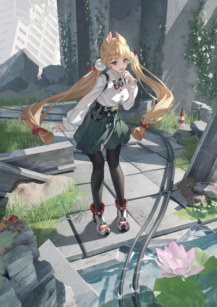 1girl animal_ears black_pantyhose blonde_hair breasts floating_hair green_skirt heterochromia large_breasts long_hair open_mouth outdoors pantyhose pleated_skirt rabbit_ears rabbit_girl red_eyes ruins shirt shoes skirt solo sphere_hair_ornament standing very_long_hair white_shirt white_shoes yellow_eyes angel_no_shousou zenless_zone_zero alice_thymefield