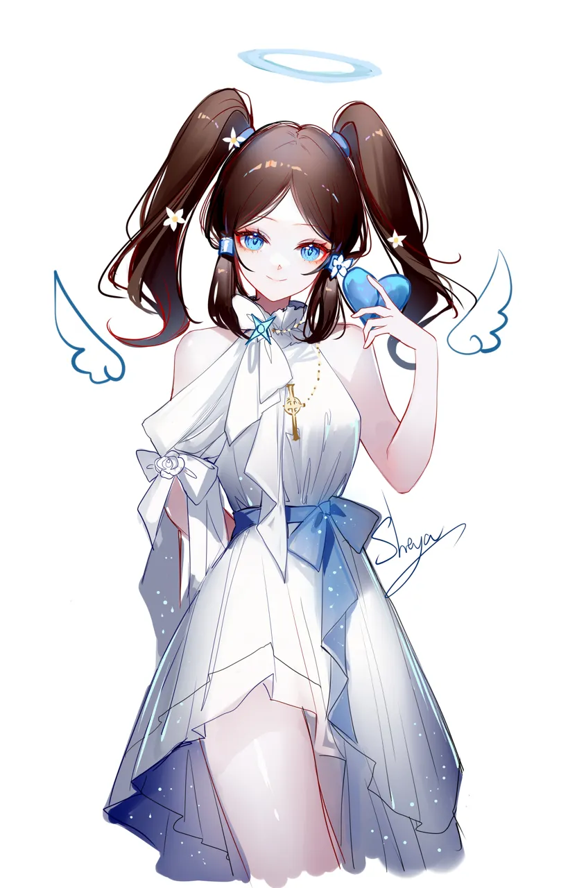 1girl artist_name bare_shoulders blue_sash cowboy_shot dress halo sash signature solo standing twintails white_dress sheya the_binding_of_isaac bethany__the_binding_of_isaac