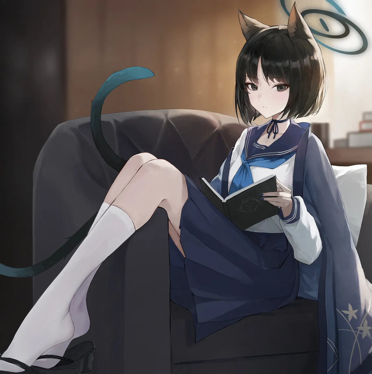 1girl animal_ears black_dress black_hair black_sailor_collar black_skirt blue_halo blue_neckerchief book cat_ears cat_tail closed_mouth dress halo haori holding holding_book japanese_clothes long_sleeves looking_at_viewer multiple_tails neckerchief sailor_collar school_uniform serafuku short_hair skirt socks solo tail two_tails white_socks jiang_zhuti_jiojio blue_archive kikyou__blue_archive