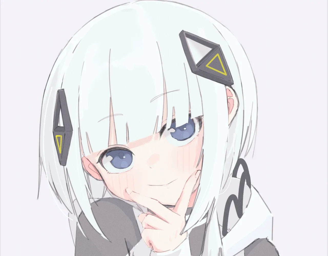 1girl bangs blue_eyes blunt_bangs blush closed_mouth eyebrows_visible_through_hair gradient gradient_background grey_background hair_ornament hairclip hood hood_down hoodie looking_at_viewer smile solo white_hair white_hoodie sa_ka virtual_youtuber kamitsubaki_studio kafu cevio