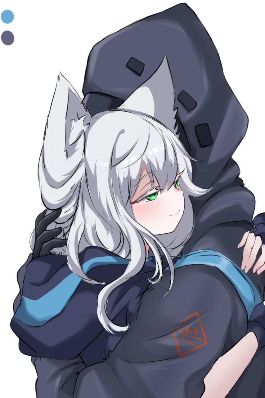 1girl 1other animal_ears black_gloves blush cat_ears cat_girl colored_eyelashes fingerless_gloves gloves green_eyes grey_hair hair_between_eyes half_closed_eyes hood hood_down hood_up hooded_jacket hug jacket long_hair simple_background smile upper_body white_background daram__shappydude arknights doctor__arknights rosmontis__arknights