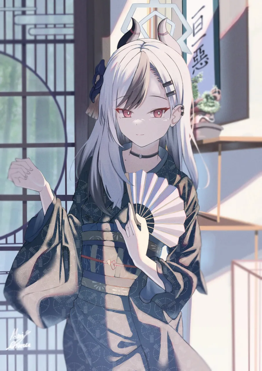 1girl architecture black_choker black_hair black_kimono choker closed_mouth demon_horns ear_piercing east_asian_architecture flower folding_fan grey_hair hair_flower hair_ornament hairclip halo hand_fan holding holding_fan horns indoors japanese_clothes kimono looking_at_viewer multicolored_hair obi official_alternate_costume piercing red_eyes sash smile solo streaked_hair swept_bangs wide_sleeves maria_onnette blue_archive kayoko__blue_archive kayoko__new_year__blue_archive