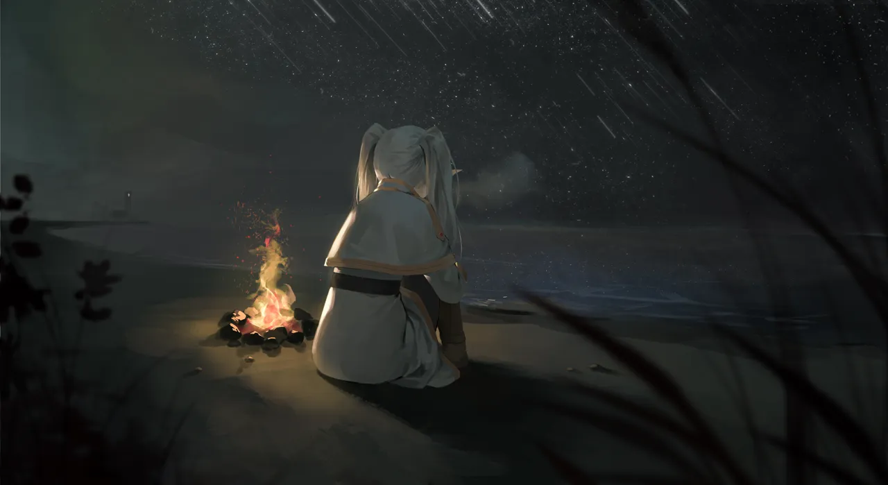 1girl beach campfire capelet elf fire knees_up long_sleeves night ocean outdoors pointy_ears robe sand sitting solo star__sky twintails white_capelet white_hair white_robe midfinger sousou_no_frieren frieren__sousou_no_frieren