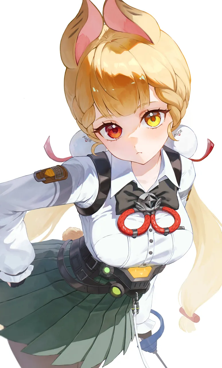 1girl animal_ears blonde_hair breasts chest_bow eye_glitter eye_reflection fingerless_gloves gloves hair_ornament heterochromia long_hair looking_at_viewer orange_eyes pom_pom__clothes pom_pom_hair_ornament rabbit_ears rabbit_girl rabbit_tail rapier red_eyes reflection shirt simple_background skirt solo sphere_hair_ornament sword tail twintails weapon white_background white_shirt yellow_eyes yamisroot zenless_zone_zero alice_thymefield