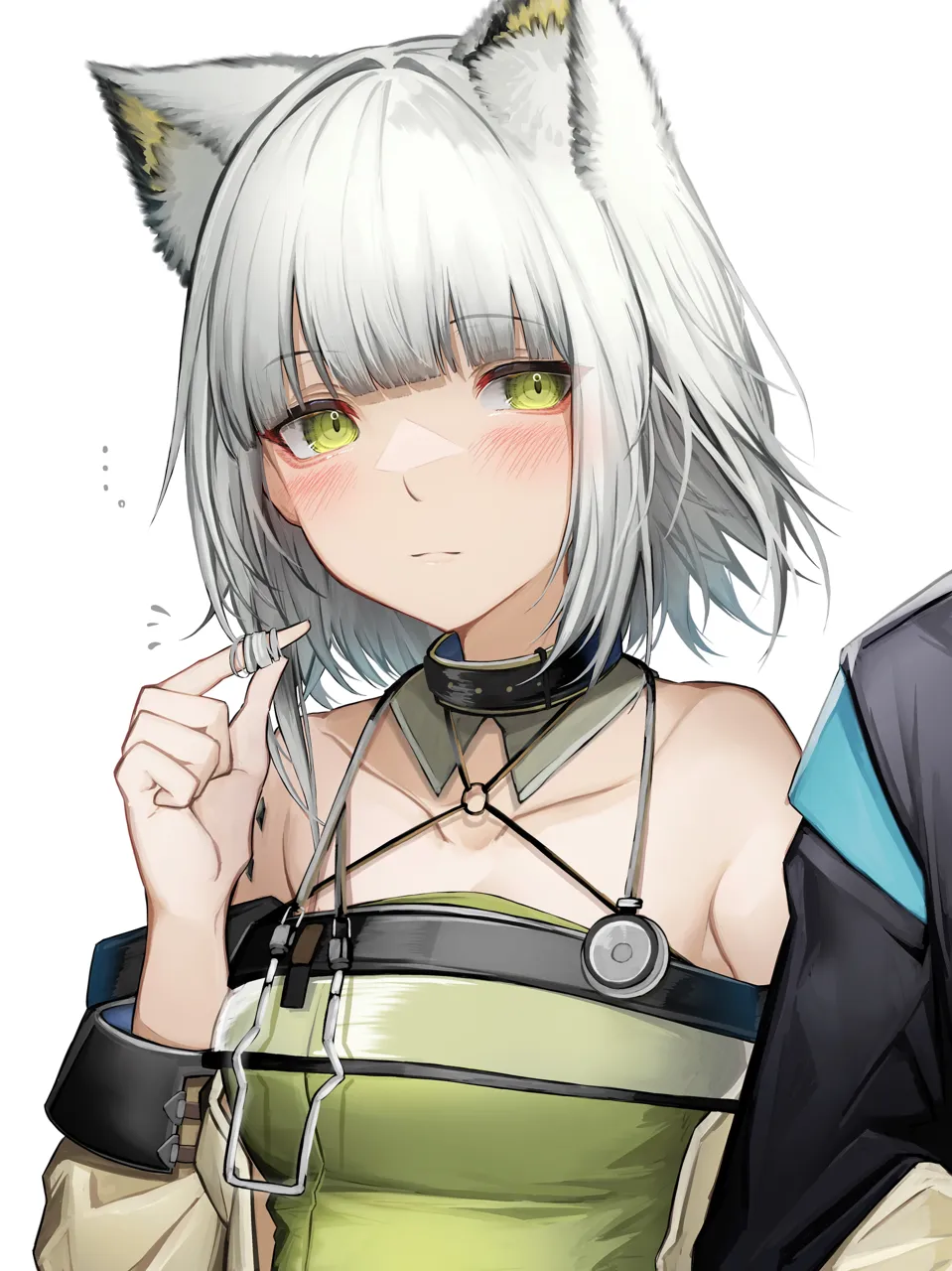 1boy 1girl animal_ear_fluff animal_ears bare_shoulders blunt_bangs blush breasts closed_mouth collarbone green_eyes looking_at_another material_growth medium_breasts oripathy_lesion__arknights short_hair simple_background solo_focus upper_body white_background white_hair tab_head arknights doctor__arknights kal_tsit__arknights
