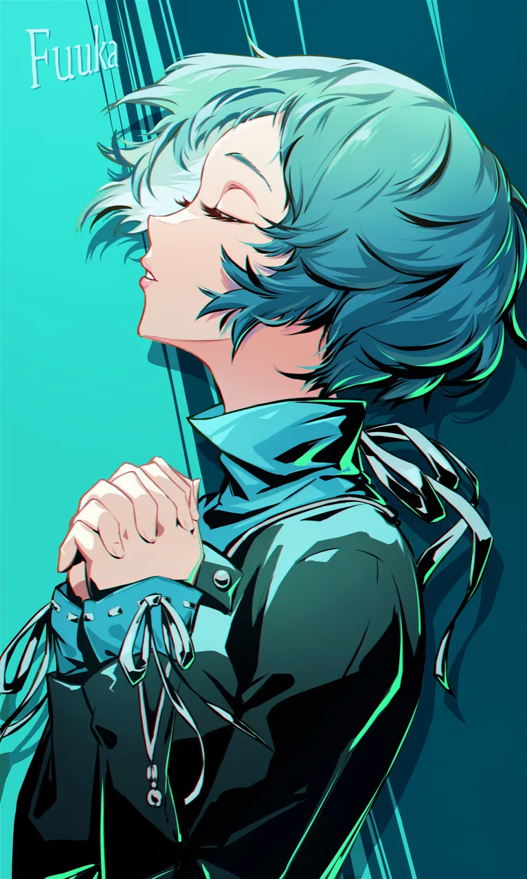 1girl aqua_background aqua_hair aqua_sweater black_jacket character_name closed_eyes fingernails gekkoukan_high_school_uniform interlocked_fingers jacket lips long_sleeves own_hands_together parted_lips pink_lips profile school_uniform short_hair simple_background solo sweater turtleneck turtleneck_sweater kumo33 persona persona_3 persona_3_reload yamagishi_fuuka__persona