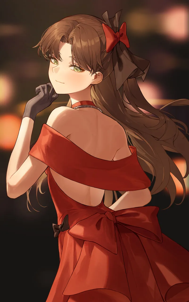 1girl back backless_dress backless_outfit bare_shoulders black_gloves bow breasts brown_hair dress eyeliner gloves green_eyes hair_bow long_hair looking_at_viewer looking_back makeup medium_breasts off_shoulder_dress off_shoulder parted_bangs red_dress smile solo cotta__heleif fate_stay_night fate__series tohsaka_rin