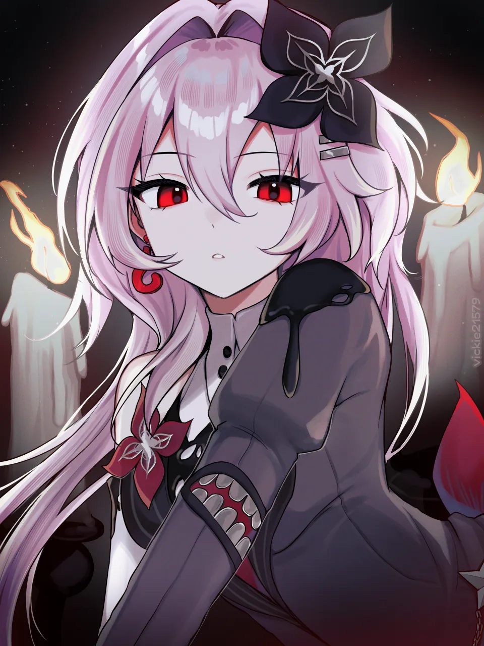 1girl black_background black_dress candle dress fire hair_intakes hair_ornament long_hair long_sleeves looking_at_viewer parted_lips pink_hair red_eyes single_bare_shoulder solo upper_body very_long_hair vickie__cryingrobot honkai__star_rail honkai__series evernight__honkai__star_rail march_7th__honkai__star_rail