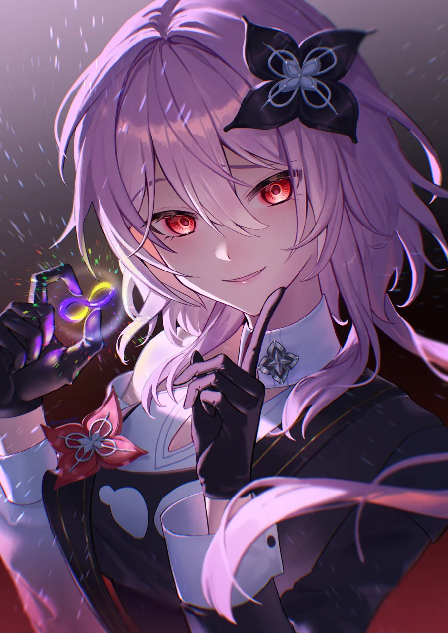 1girl amphoreus__honkai__star_rail black_dress black_gloves dress gloves grey_background hair_between_eyes hair_ornament hands_up holding index_finger_raised long_hair looking_at_viewer pink_hair red_eyes smile solo upper_body fuli__narumiyafuri honkai__star_rail honkai__series evernight__honkai__star_rail march_7th__honkai__star_rail