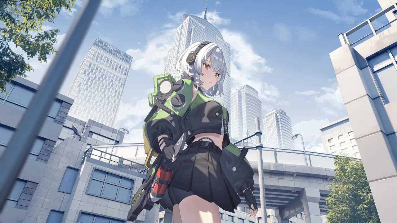 1girl black_gloves black_jacket black_shorts black_skirt blue_sky breasts day fingerless_gloves gloves green_jacket grey_hair headphones holding holding_sword holding_weapon jacket long_sleeves looking_at_viewer medium_breasts midriff multicolored_jacket navel orange_eyes outdoors parted_lips scabbard sheath sheathed short_hair shorts skirt sky solo sword two_tone_jacket weapon angel_no_shousou zenless_zone_zero anby_demara__zenless_zone_zero