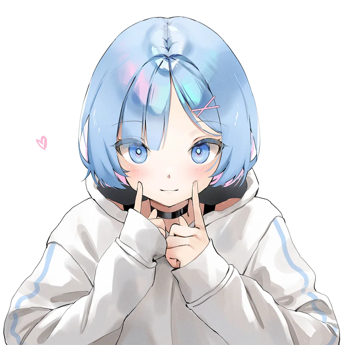 1girl alternate_costume alternate_hairstyle black_choker blue_eyes blue_hair blush bob_cut bright_pupils choker closed_mouth colored_inner_hair eyes_visible_through_hair finger_to_cheek fingernails hair_ornament hands_up heart hood hood_down hoodie index_fingers_raised long_sleeves looking_at_viewer multicolored_hair pink_hair puffy_long_sleeves puffy_sleeves short_hair simple_background sleeves_past_wrists solo straight_on two_tone_hair upper_body white_background white_hoodie x_hair_ornament nakony re_zero rem__re_zero